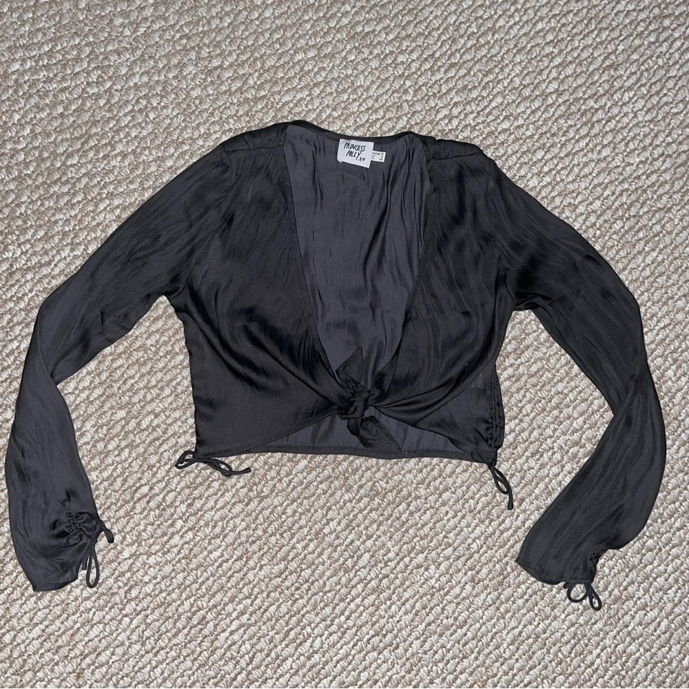 Black Long Sleeve Sheer Tie-Front Blouse